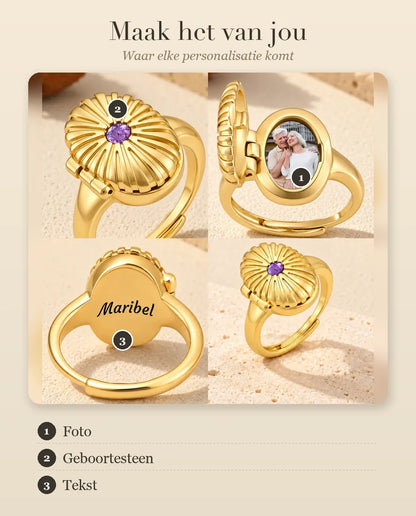 Personalisatiegids voor de ovale medaillonring: foto, geboortesteen en gravure