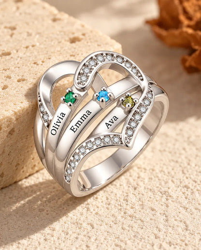 Gepersonaliseerde Geboortesteen Ring met 3-4 Namen en Gravure Binnenin - familiering met hart, gegraveerde namen en gesimuleerde geboortestenen, gerhodineerd