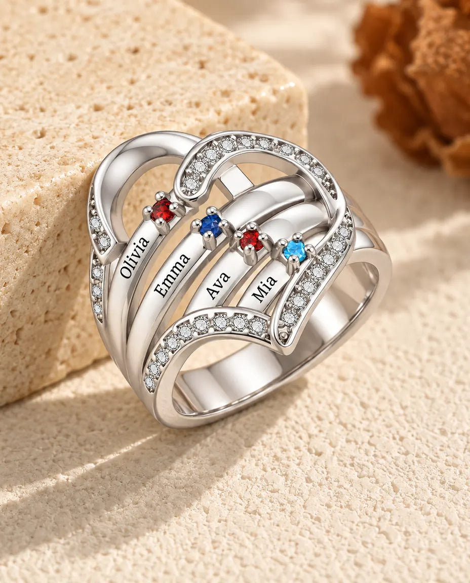 Gepersonaliseerde Geboortesteen Ring met 3-4 Namen en Gravure Binnenin - familiering met hart, gegraveerde namen en gesimuleerde geboortestenen, gerhodineerd