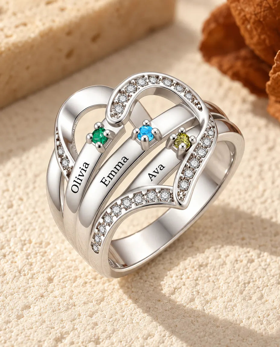 Gepersonaliseerde Geboortesteen Ring met 3-4 Namen en Gravure Binnenin - familiering met hart, gegraveerde namen en gesimuleerde geboortestenen, gerhodineerd