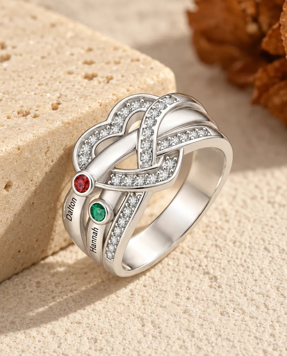 Gepersonaliseerde Geboortesteen Ring met 2-6 Namen - familiering hartknoop met gegraveerde namen en gesimuleerde geboortestenen, gerhodineerd