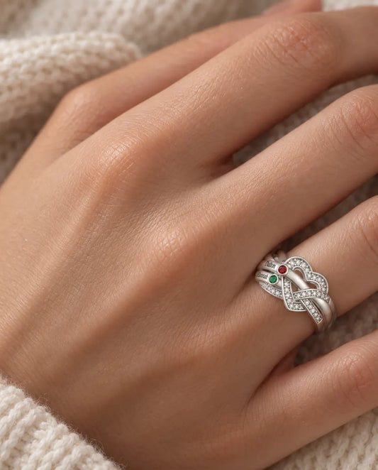 Gepersonaliseerde Geboortesteen Ring met 2-6 Namen - familiering hartknoop met gegraveerde namen en gesimuleerde geboortestenen, gerhodineerd