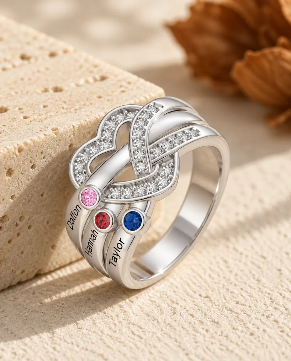 Gepersonaliseerde Geboortesteen Ring met 2-6 Namen - familiering hartknoop met gegraveerde namen en gesimuleerde geboortestenen, gerhodineerd