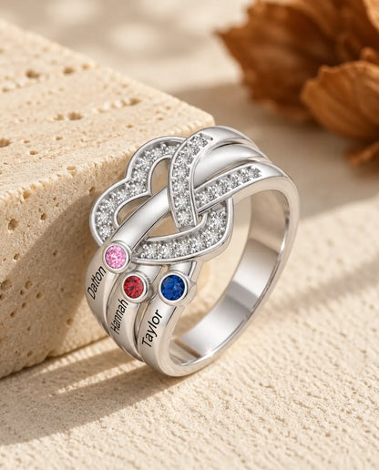 Gepersonaliseerde Geboortesteen Ring met 2-6 Namen - familiering hartknoop met gegraveerde namen en gesimuleerde geboortestenen, gerhodineerd
