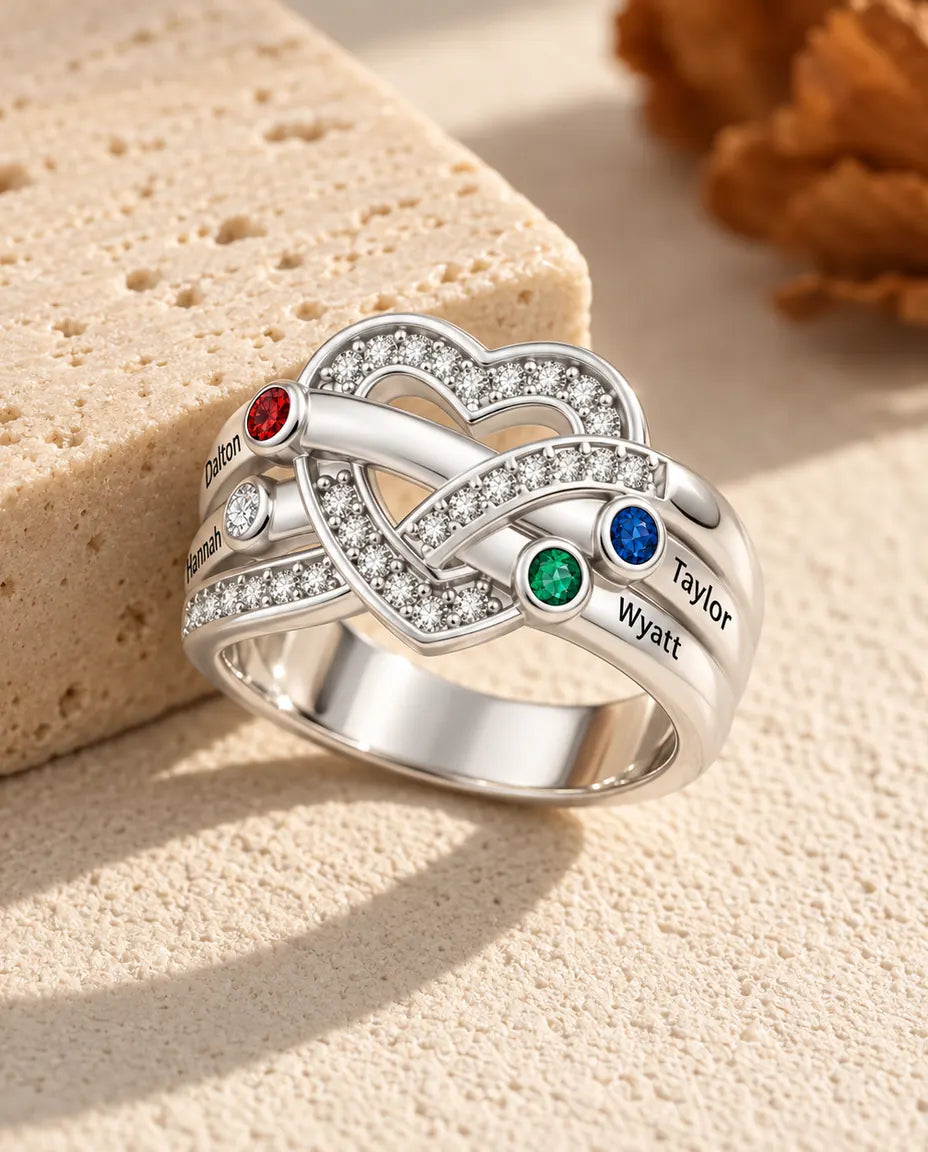 Gepersonaliseerde Geboortesteen Ring met 2-6 Namen - familiering hartknoop met gegraveerde namen en gesimuleerde geboortestenen, gerhodineerd