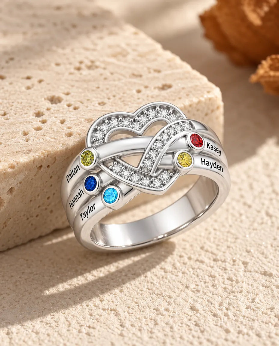 Gepersonaliseerde Geboortesteen Ring met 2-6 Namen - familiering hartknoop met gegraveerde namen en gesimuleerde geboortestenen, gerhodineerd