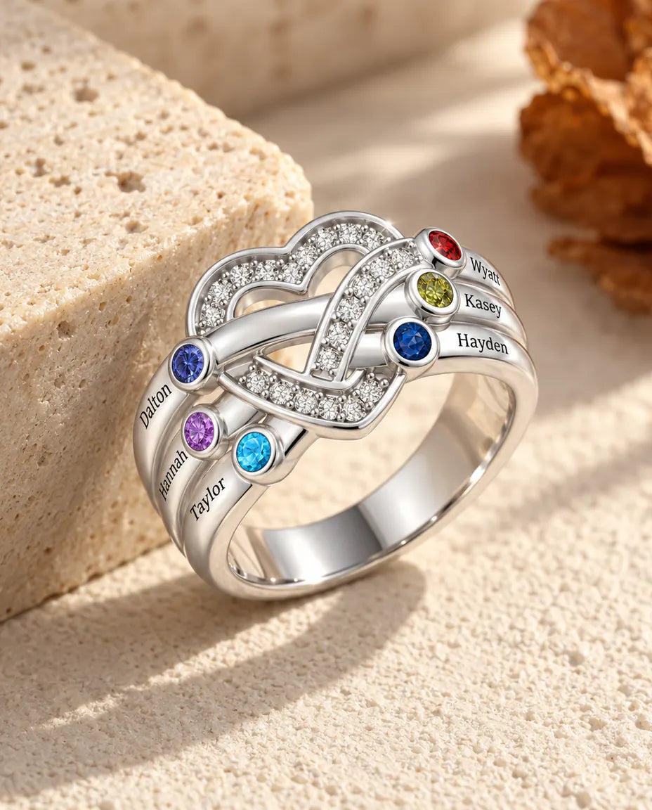 Gepersonaliseerde Geboortesteen Ring met 2-6 Namen - familiering hartknoop met gegraveerde namen en gesimuleerde geboortestenen, gerhodineerd