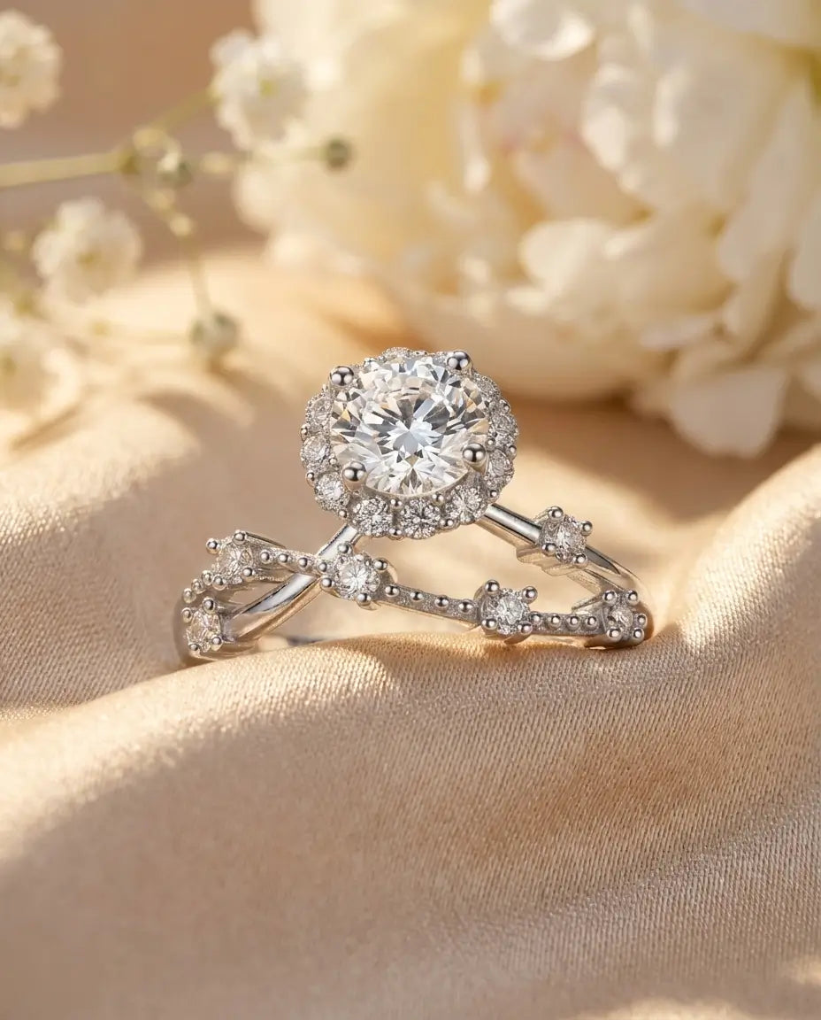 Moissanite Verlovingsring – Ronde Steen van 0,8 ct met Halo op Gedraaide Millegrain Band