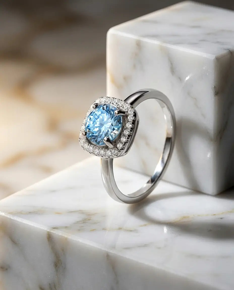 Moissanite Ring – Zeeblauwe Steen van 1 Karaat met Klassieke Halo in 925 Sterling Zilver