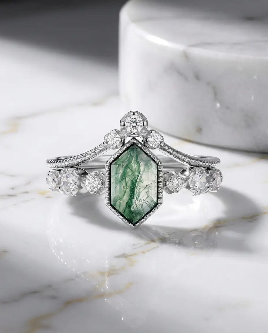 Mosagaat Ringset – Langwerpige Zeshoek met Millegrain en Gebogen Tiara Band, 925 Sterling Zilver
