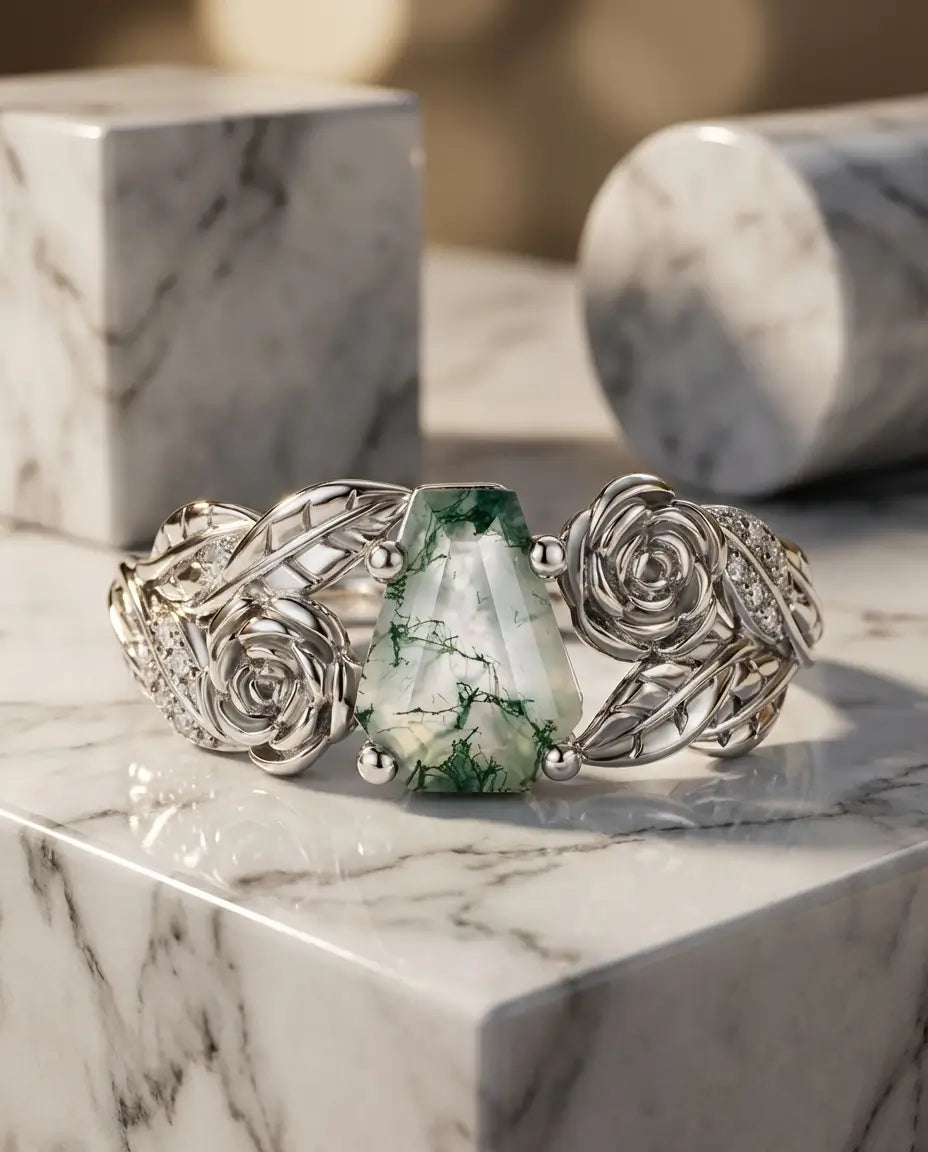 Mosagaat Ring – Coffin-slijpvorm met Vintage Rozen, 925 Sterling Zilver met Witgoudverguldsel