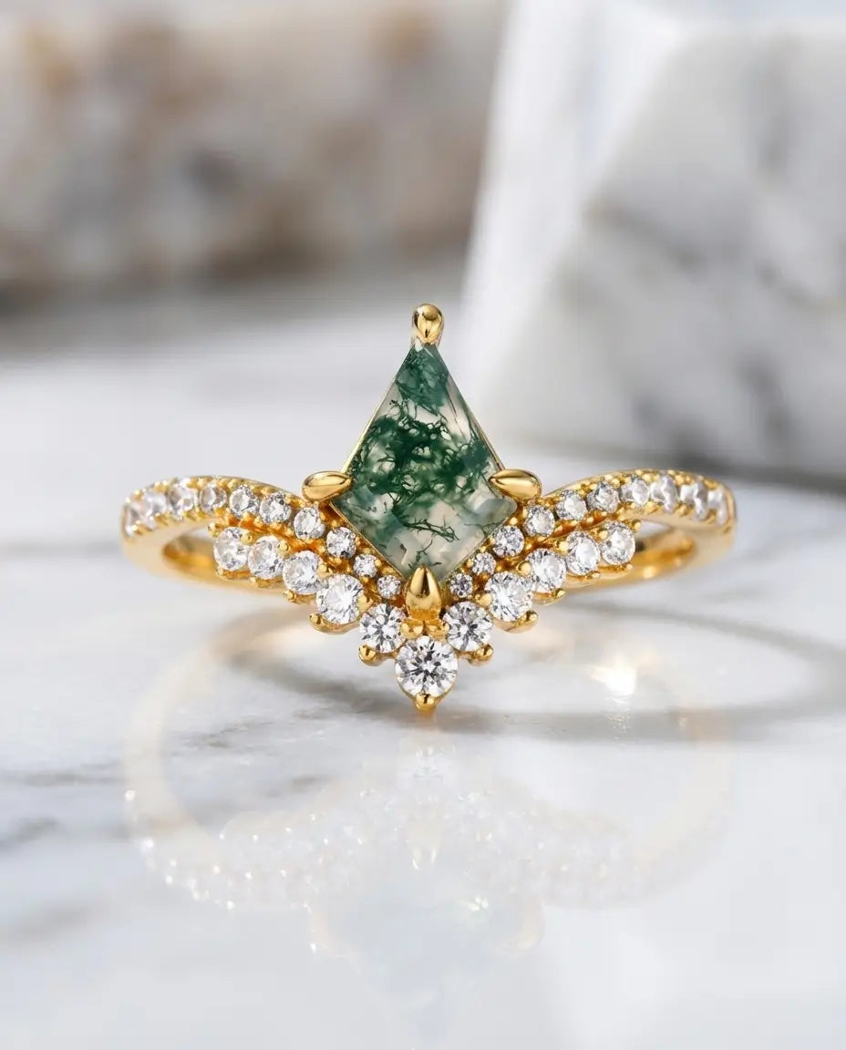 Mosagaat Ring in Kitevorm – Art Deco Halo van Zirkonia, 925 Sterling Zilver of Goudverguld