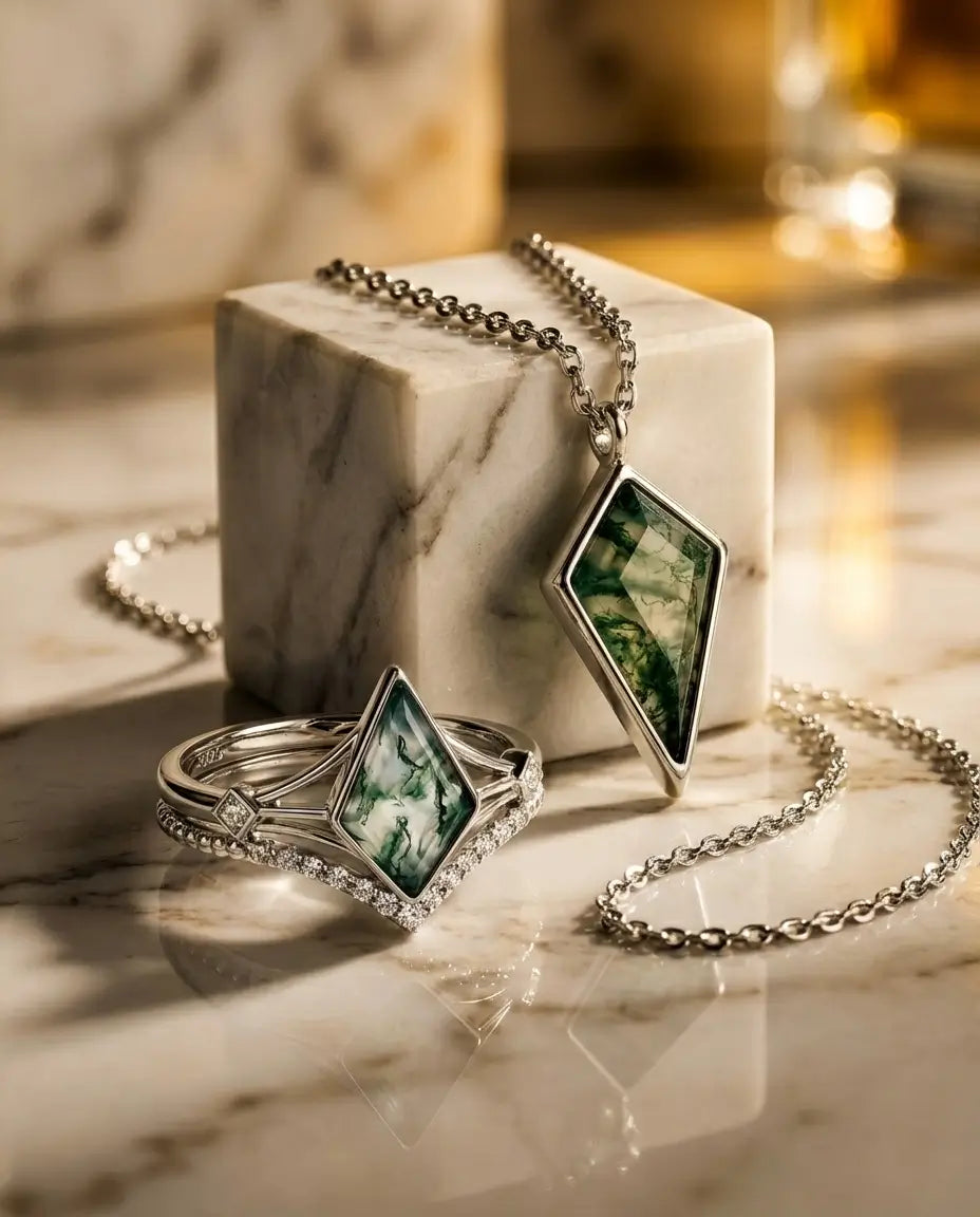 Mosagaat Sieradenset – Kite Geslepen Ring Duo met Bijpassende Hanger, 925 Sterling Zilver