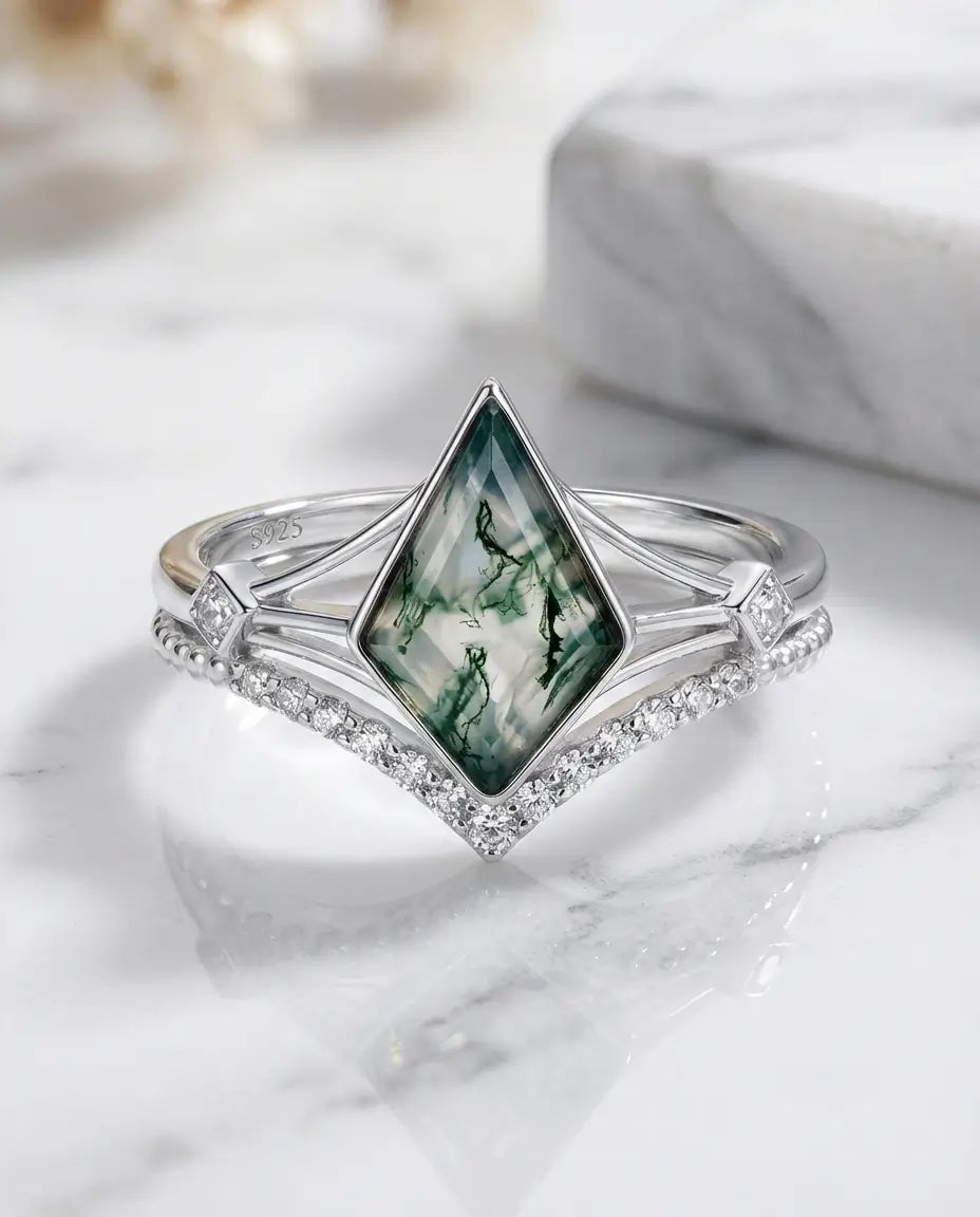 Mosagaat Ring Set – Kite Geslepen Groene Steen met Gebogen Aanschuifring, 925 Sterling Zilver