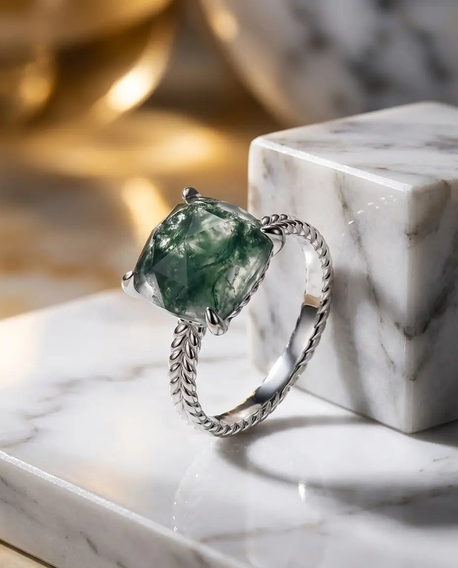 Mosagaat Ring – Kussengeslepen Steen van 10 mm op Gedraaide Band, 925 Sterling Zilver