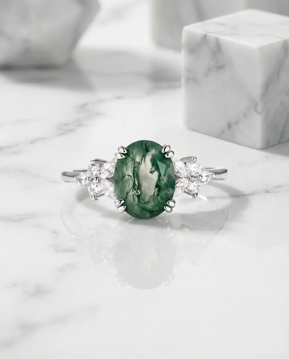 Mosagaat Ring – Ovale Steen van 7 x 9 mm in 925 Sterling Zilver