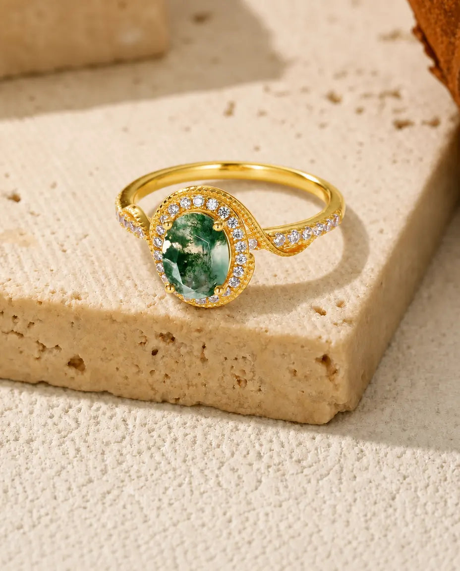 Mosagaat Ring – Ovale Roosgeslepen Steen met Millegrain Halo, 10K Goudverguld 925 Sterling Zilver