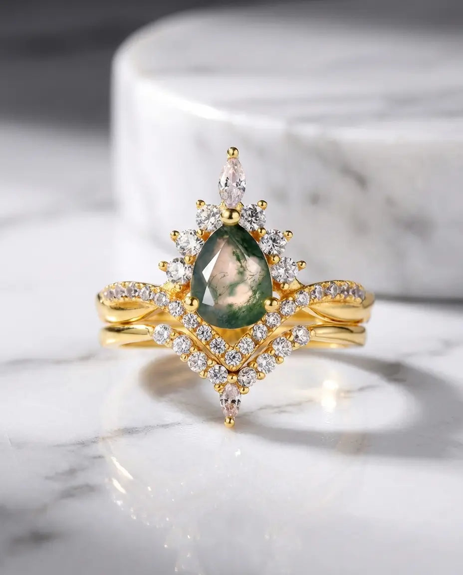 Mosagaat Ring Bruidsset – Peervormige Steen met Zonnehalo en Aanschuifring, 925 Sterling Zilver