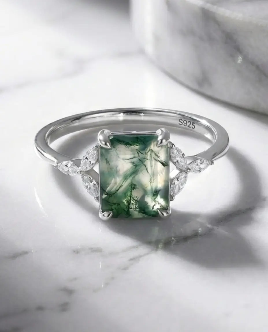 Mosagaat Ring – Rechthoekige Steen van 7 x 9 mm met Blaadjesmotief, 925 Sterling Zilver