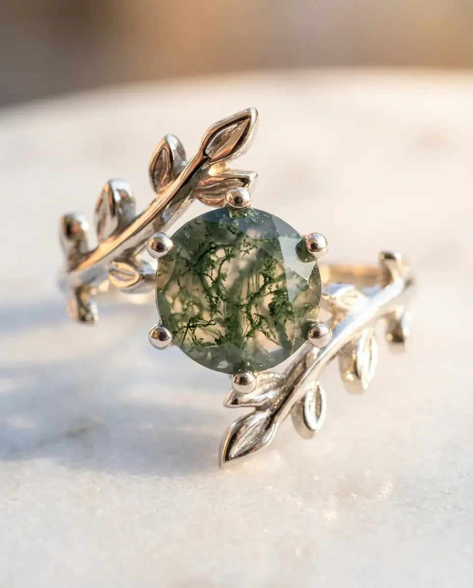 Mosagaat Ring – Ronde Steen van 8 mm in Blaadjes- en Takjesband, 925 Sterling Zilver