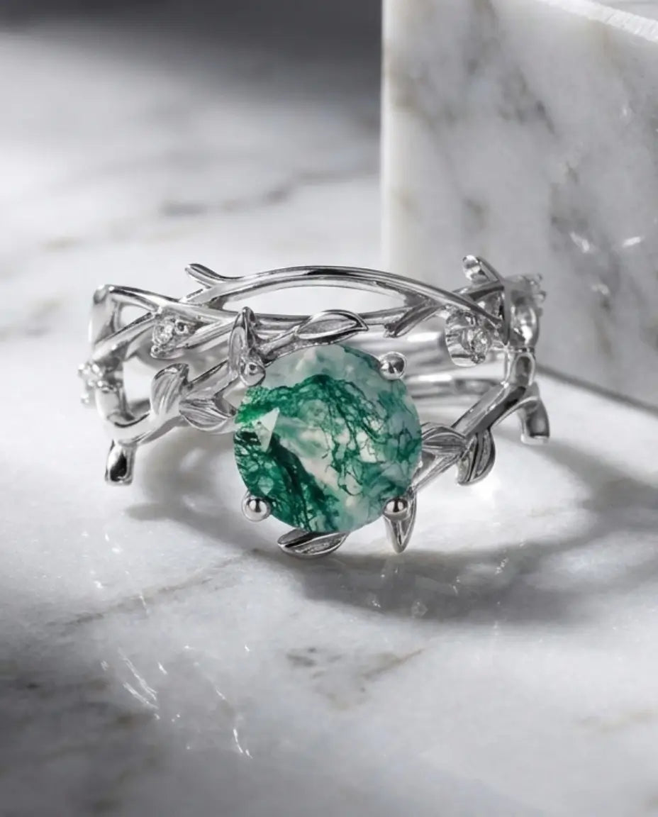 Mosagaat Ring Set – Takjes- en Blaadjesmotief met Ronde Steen, Verstelbaar 925 Sterling Zilver
