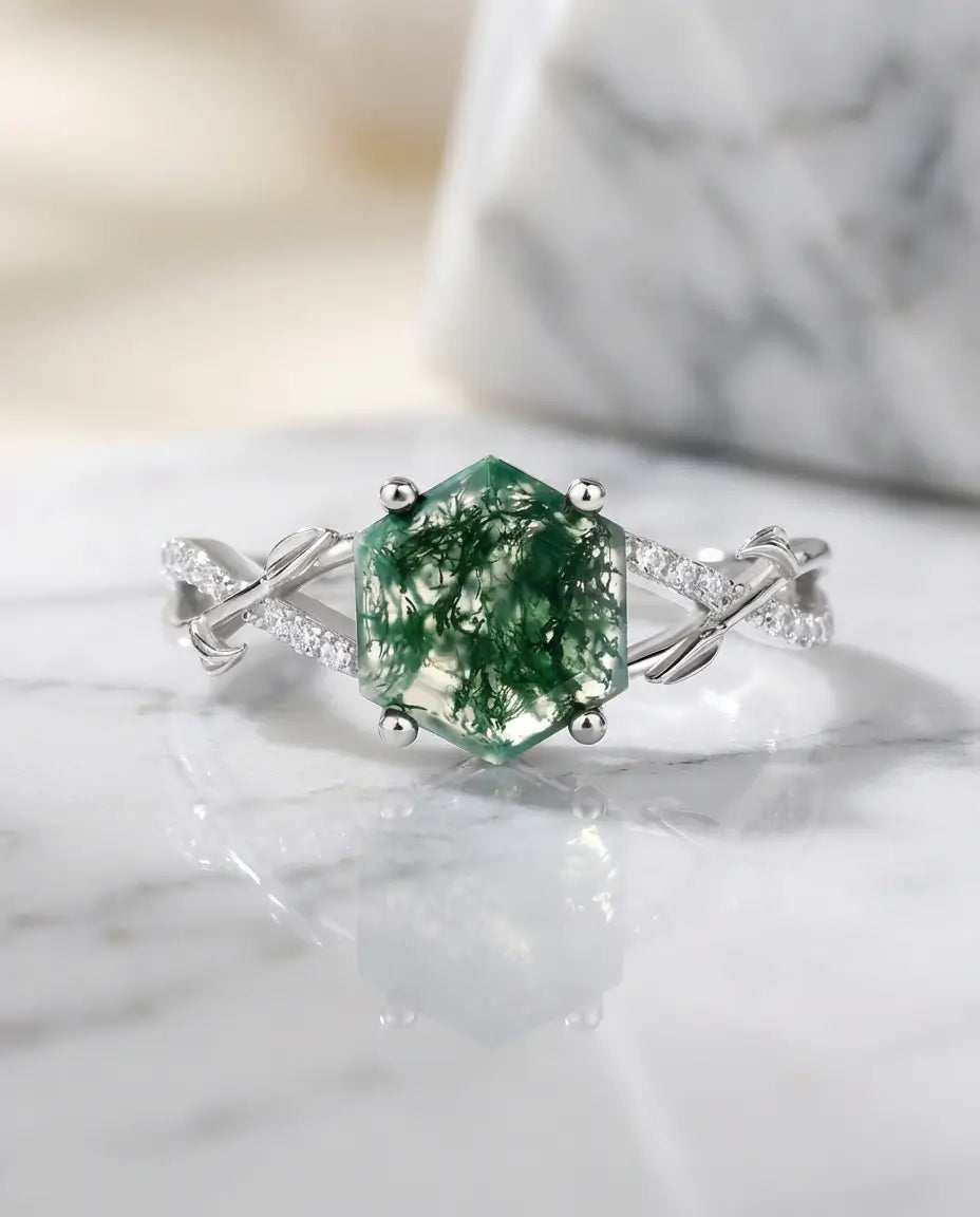 Mosagaat Ring – Zeshoekige Steen van 8 mm op Wingerdband, 925 Sterling Zilver