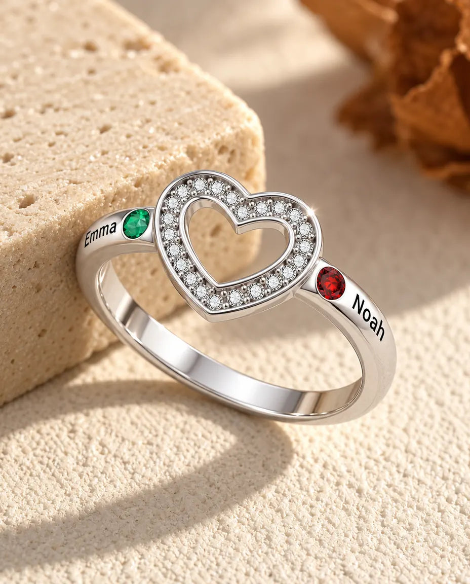 Gepersonaliseerde Geboortesteen Ring met 2, 4 of 6 Namen - stapelbare familiering met open hart, gegraveerde namen en gesimuleerde geboortestenen, gerhodineerd