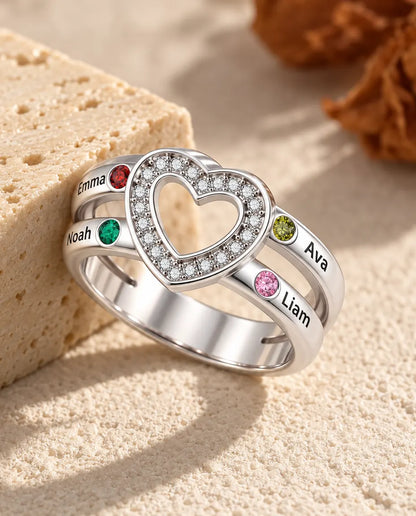 Gepersonaliseerde Geboortesteen Ring met 2, 4 of 6 Namen - stapelbare familiering met open hart, gegraveerde namen en gesimuleerde geboortestenen, gerhodineerd