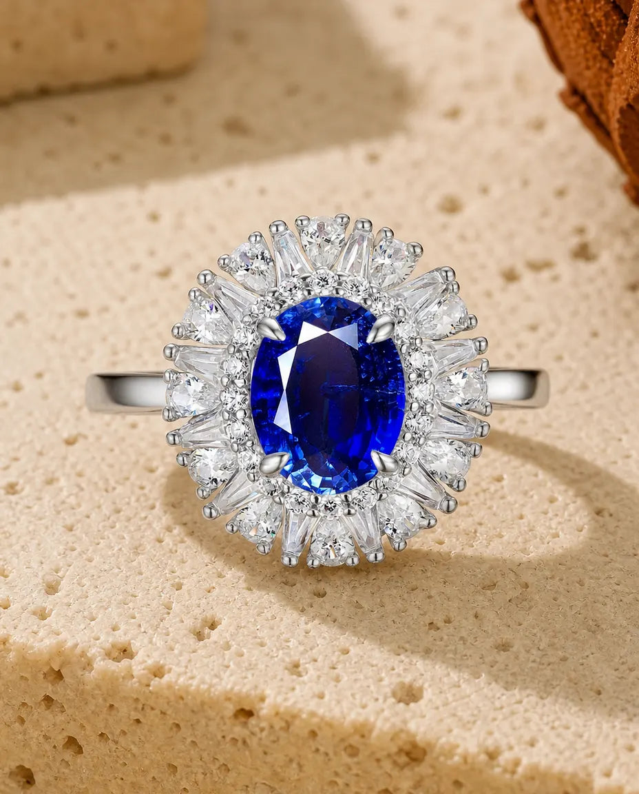 Saffier Ring – Ovale Labgekweekte Blauwe Steen met Stralende Halo, 925 Sterling Zilver