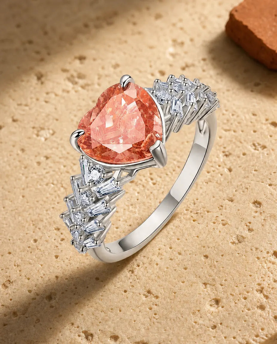 Roze Saffier Ring – Hartgeslepen Labgekweekte Steen met Art Deco Baguette Cascade
