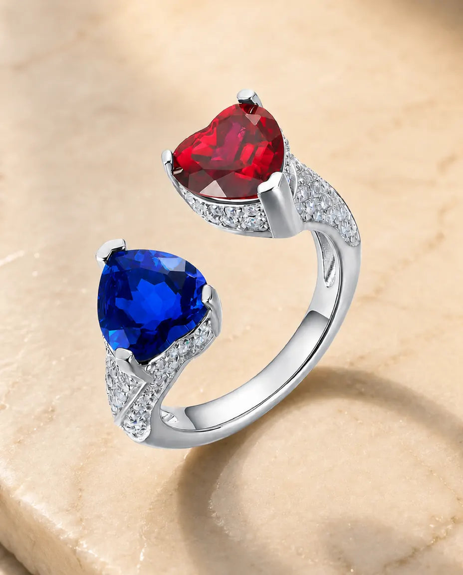 Saffier Ring – Twee Gekruiste Harten in Jij-en-Ik Stijl, Verstelbaar 925 Sterling Zilver