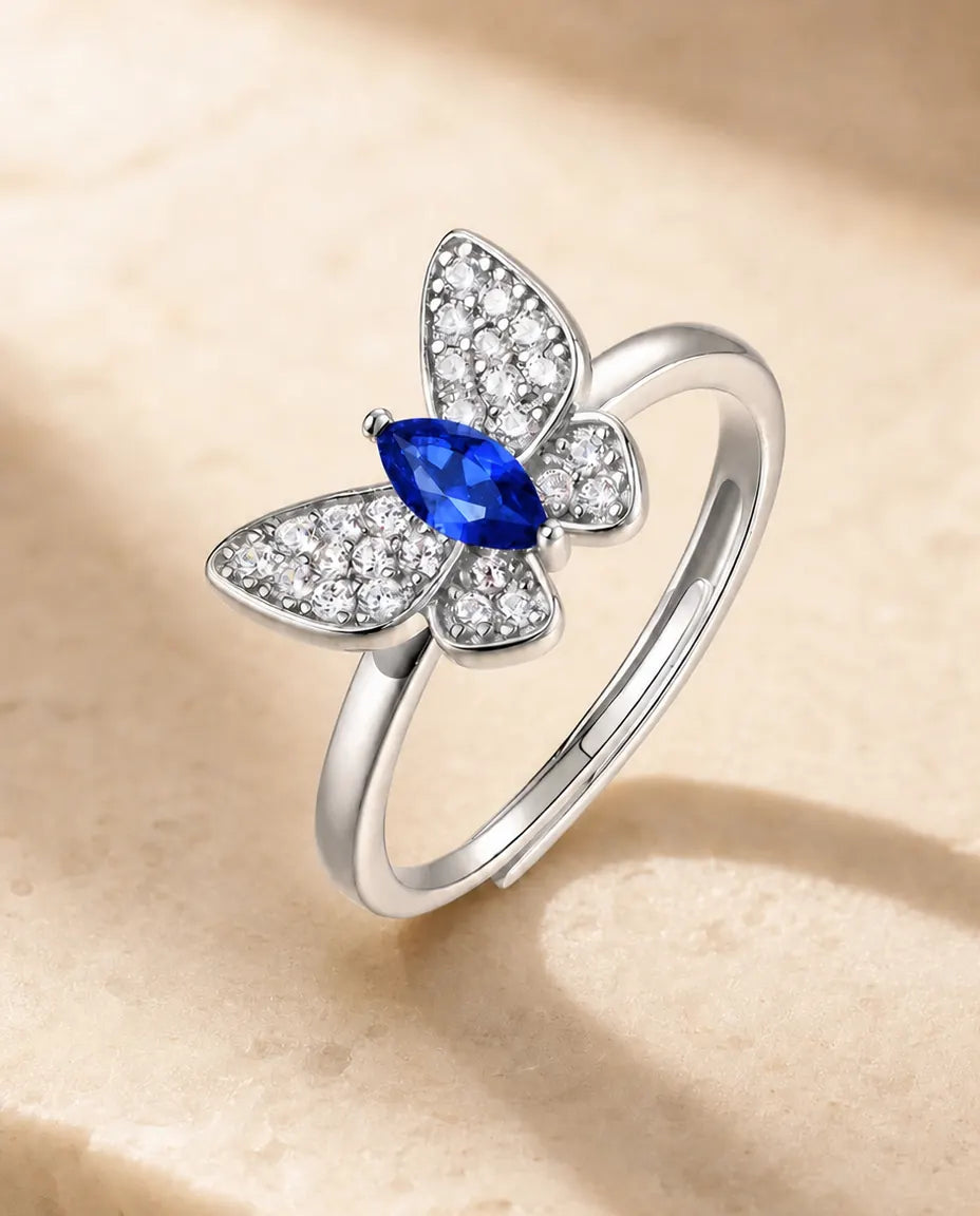 Saffier Ring – Vlinder met Pavé Vleugels en Marquise Steen, Verstelbaar 925 Sterling Zilver