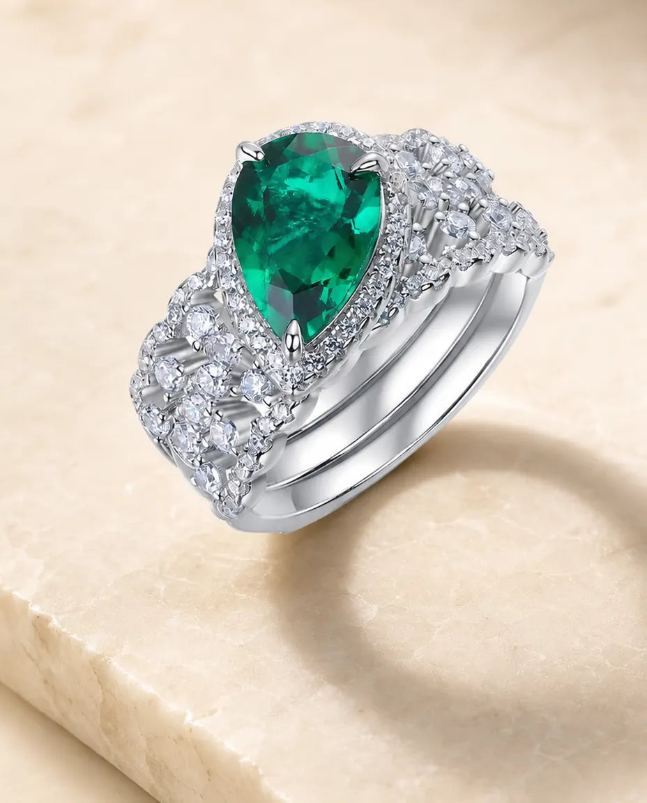 Smaragd Ring Duoset – Peervormige Labgekweekte Steen met Halo en Gebogen Aanschuifring, 925 Sterling Zilver