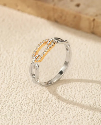 Schakelring Tweekleurig - goudkleurige pavé schakel tussen zilveren schakels, maten 5 tot 9, 925 sterling zilver