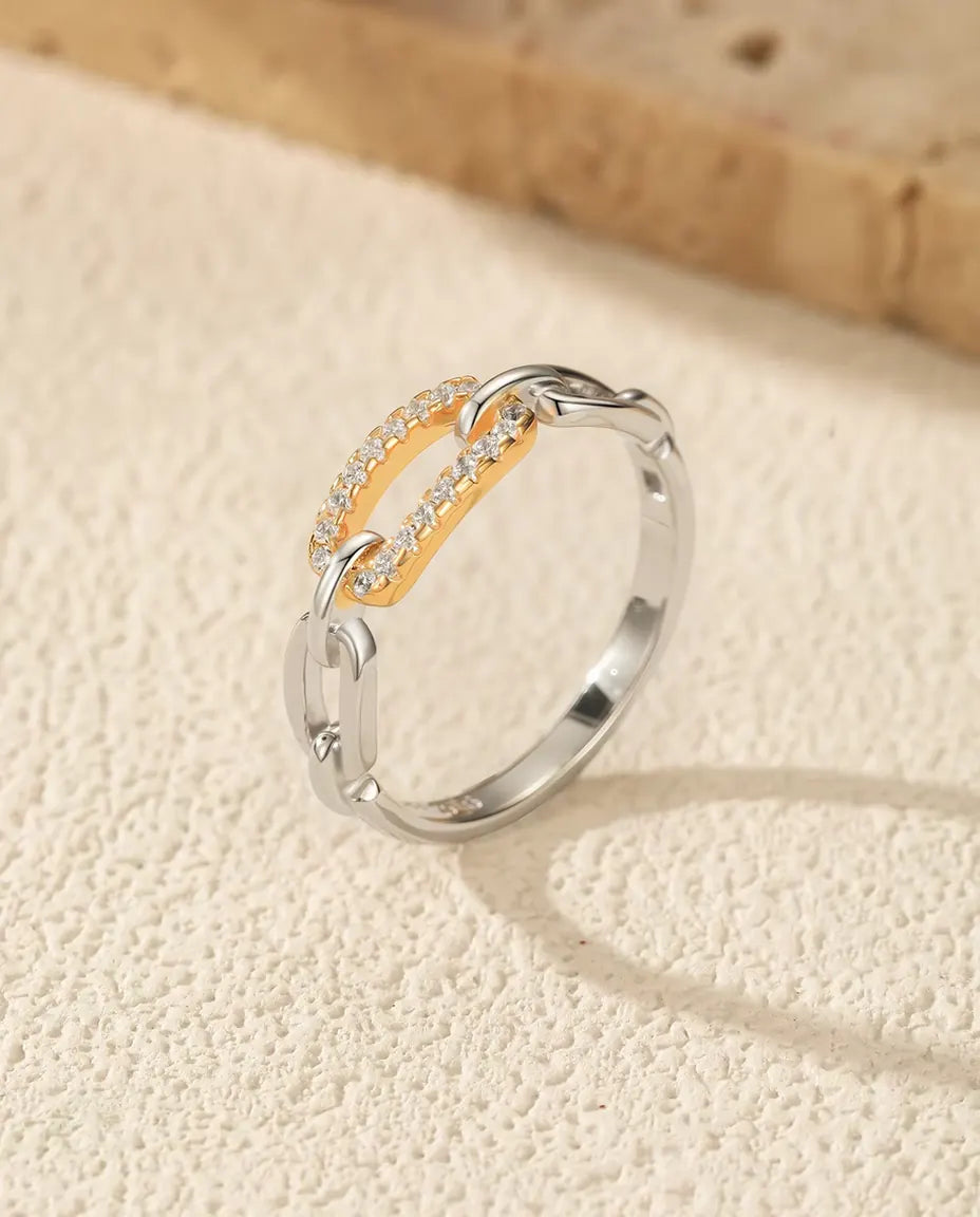 Schakelring Tweekleurig - goudkleurige pavé schakel tussen zilveren schakels, maten 5 tot 9, 925 sterling zilver