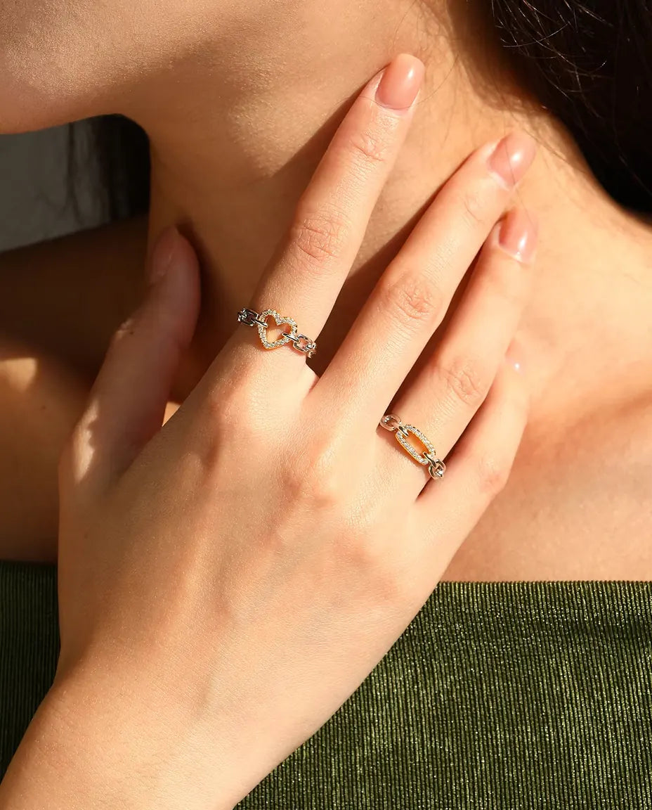 Schakelring Tweekleurig - goudkleurige pavé schakel tussen zilveren schakels, maten 5 tot 9, 925 sterling zilver