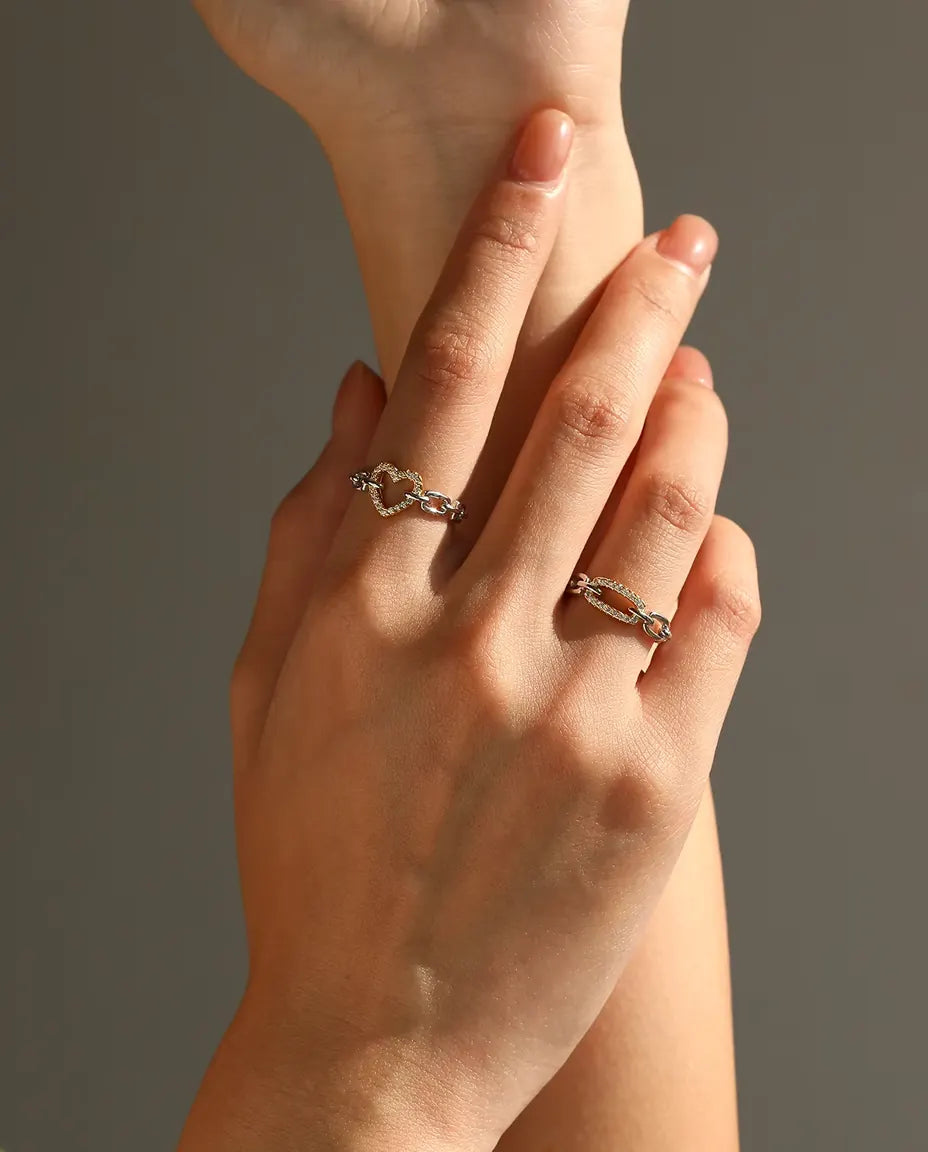 Schakelring Tweekleurig - goudkleurige pavé schakel tussen zilveren schakels, maten 5 tot 9, 925 sterling zilver
