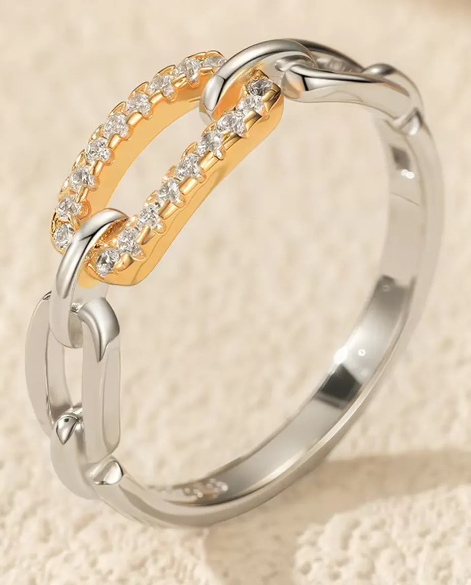 Schakelring Tweekleurig - goudkleurige pavé schakel tussen zilveren schakels, maten 5 tot 9, 925 sterling zilver