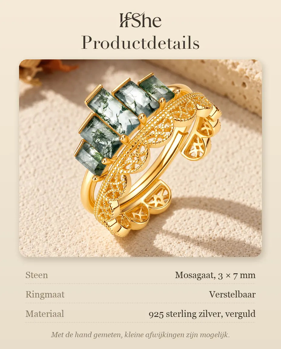 Set van Twee Stapelringen met Mosagaat in Verguld 925 Sterling Zilver - productdetails met steenmaat, ringmaat en materiaal