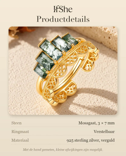 Set van Twee Stapelringen met Mosagaat in Verguld 925 Sterling Zilver - productdetails met steenmaat, ringmaat en materiaal