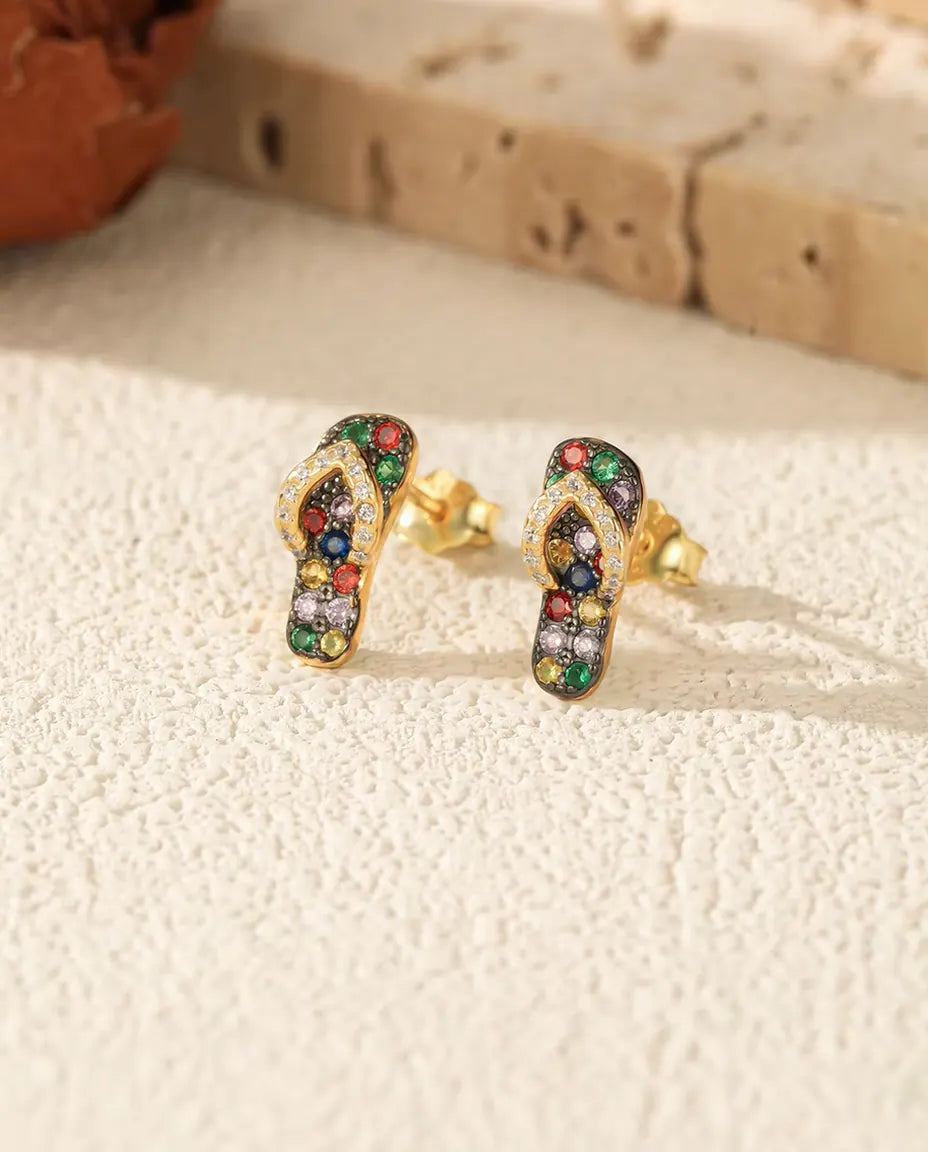 Teenslipper Oorstekers met gekleurde stenen - 925 sterling zilver verguld met 18 karaats goud, 4,5 x 11 mm