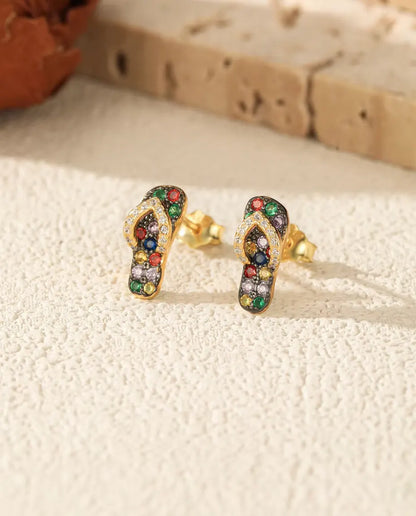 Teenslipper Oorstekers met gekleurde stenen - 925 sterling zilver verguld met 18 karaats goud, 4,5 x 11 mm