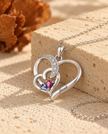 Gepersonaliseerde Geboortesteen Ketting met 2 Namen - twee verstrengelde harten met druppelstenen, gerhodineerd
