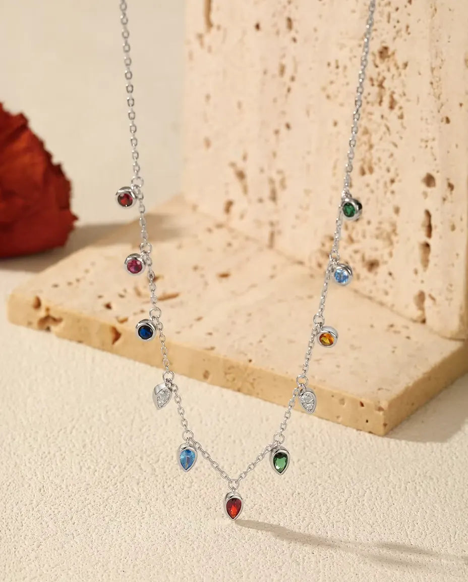 Bedelketting van 925 Sterling Zilver – Elf Veelkleurige Zirkonia Bedels, Rond en Druppelvormig, aan een Fijne Ketting, Ketting om te Combineren