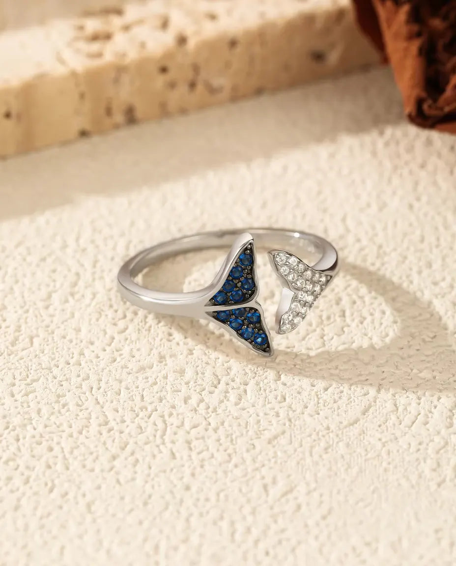 Walvisstaart Ring open verstelbaar - blauwe en witte stenen, maten US 6 tot 9, 925 sterling zilver