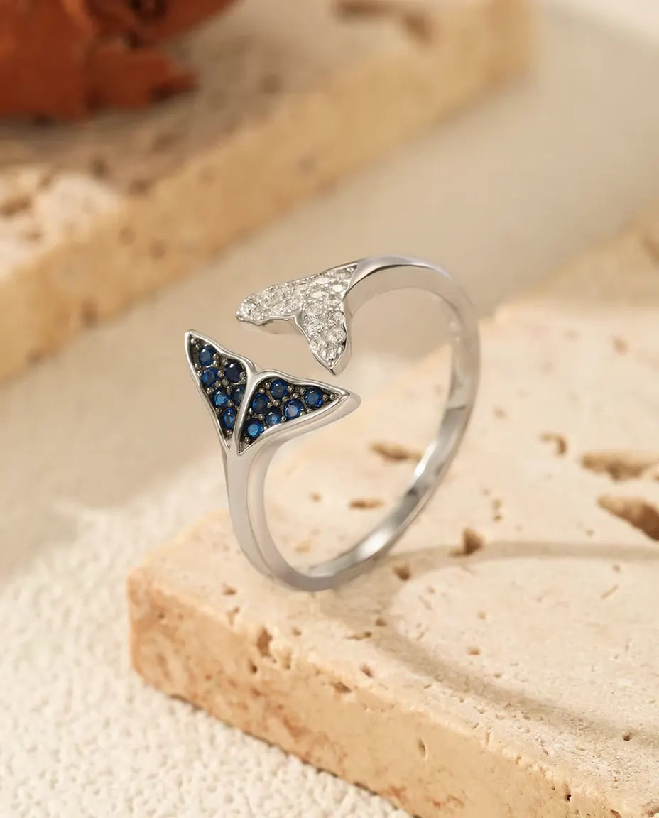 Walvisstaart Ring open verstelbaar - blauwe en witte stenen, maten US 6 tot 9, 925 sterling zilver