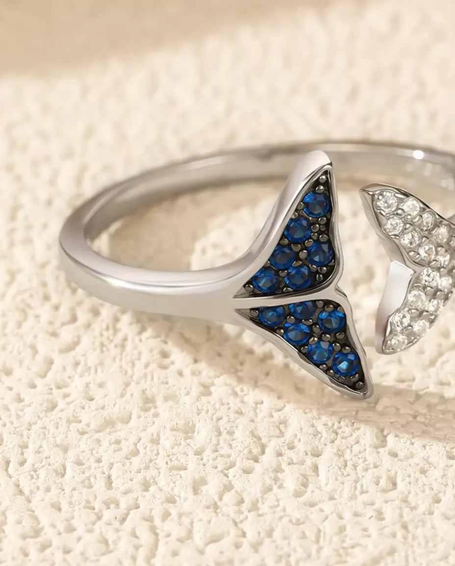 Walvisstaart Ring open verstelbaar - blauwe en witte stenen, maten US 6 tot 9, 925 sterling zilver
