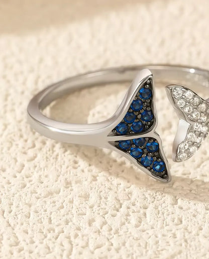 Walvisstaart Ring open verstelbaar - blauwe en witte stenen, maten US 6 tot 9, 925 sterling zilver