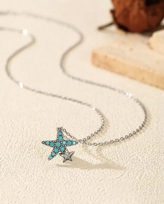 Zeester Ketting met Turkoois - hanger 14,5 x 15 mm met sterretje, 925 sterling zilver, 40 + 5 cm