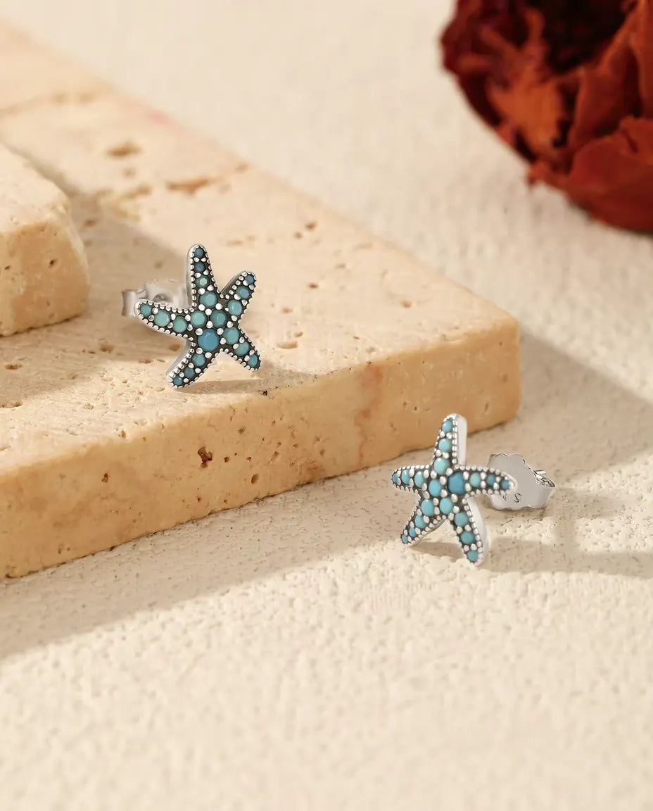 Zeester Oorstekers met Turkoois - 10 mm in geoxideerd 925 sterling zilver met turkooisblauw pavé